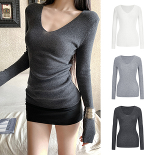 MosesQueen魔西女王慵懒风v领针织衫 显瘦内搭打底上衣 女春秋修身