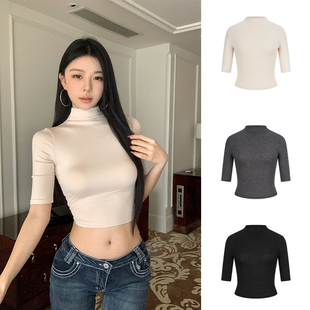 辣妹露脐短款 t恤中袖 上衣 紧身半高领短袖 MosesQueen魔西女王半袖