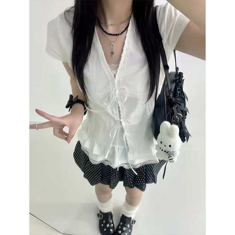 MosesQueen魔西女王白色蕾丝花边短袖衬衫设计感系带收腰v领上衣