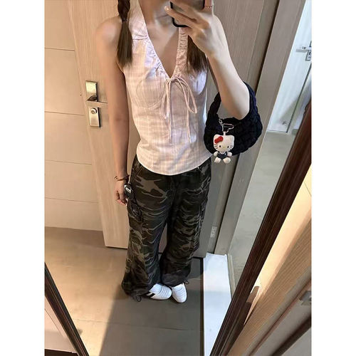 系带挂脖吊带背心女露背无袖上衣