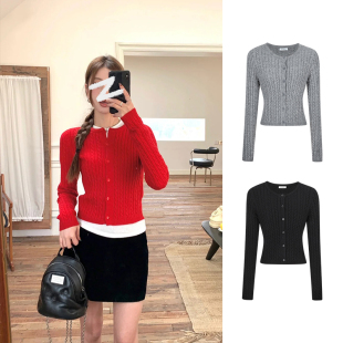 MosesQueen魔西女王红色麻花毛衣外套女春秋外搭短款 上衣 针织开衫