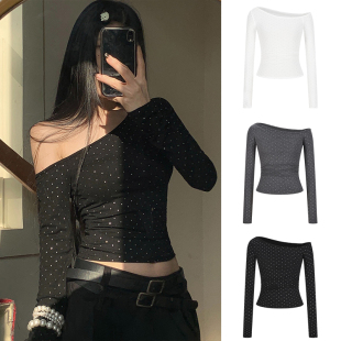 MosesQueen魔西女王波点斜肩长袖 露肩上衣 t恤女春秋内搭打底短款