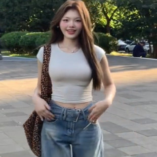 t恤 显瘦沙漏腰圆领短袖 MosesQueen魔西女王辣妹露脐短款 上衣修身