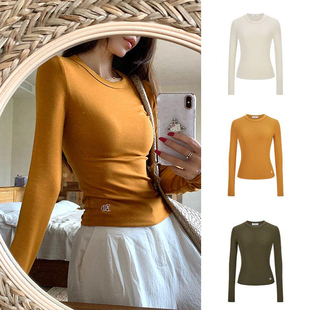 MosesQueen魔西女王南瓜色圆领正肩长袖 上衣 t恤女春秋内搭打底衫