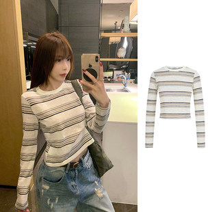 MosesQueen魔西女王条纹正肩长袖t恤内搭打底衫修身显瘦短款上衣