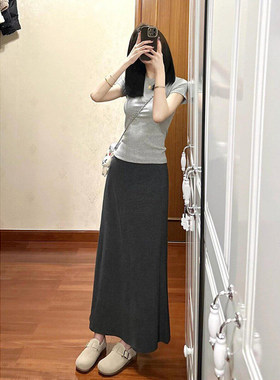 MosesQueen魔西女王深灰色半身裙夏季气质高腰显瘦垂感a字长裙子