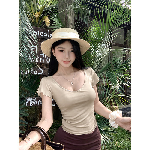 薄款莱赛尔v领短袖t恤小飞袖上衣
