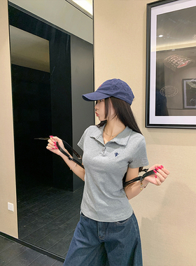 MosesQueen魔西女王灰色刺绣polo衫正肩短袖t恤收腰显瘦翻领上衣
