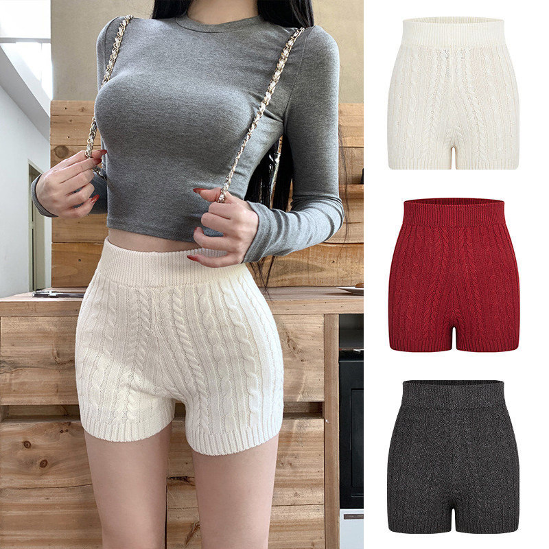 MosesQueen魔西女王白色麻花针织短裤女外穿紧身显瘦高腰包臀热裤