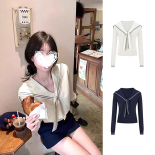 MosesQueen魔西女王海军领披肩针织衫 上衣 女春秋毛衣内搭打底短款