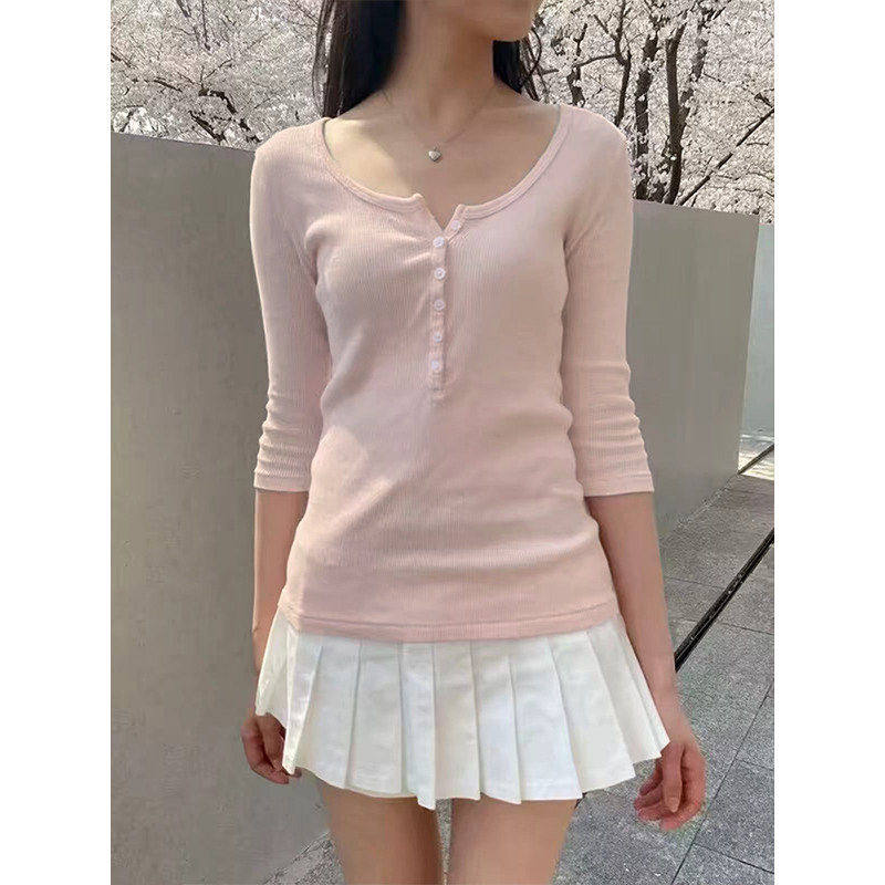 MosesQueen魔西女王粉色半开领七分袖t恤春秋修身内搭打底衫上衣