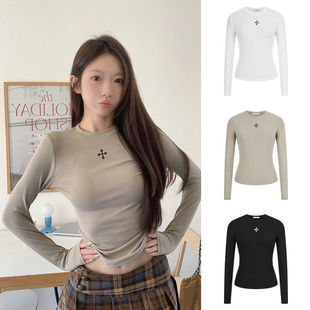 上衣 显瘦内搭打底衫 MosesQueen魔西女王印花正肩长袖 t恤掐腰修身