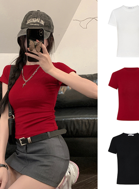 MosesQueen魔西女王红色正肩短袖t恤夏季修身显瘦基础款圆领上衣
