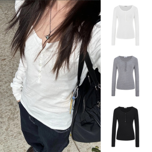 MosesQueen魔西女王白色半开领长袖 t恤女春秋露锁骨内搭打底上衣