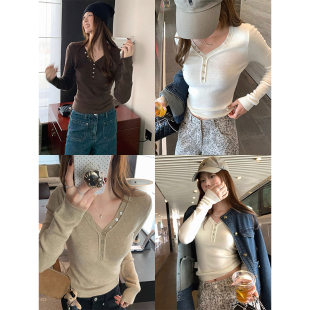 上衣 显瘦长袖 MosesQueen魔西女王设计感v领针织打底衫 女内搭修身