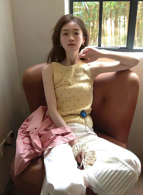 MosesQueen魔西女王黄色波点针织吊带背心夏外穿内搭打底无袖上衣