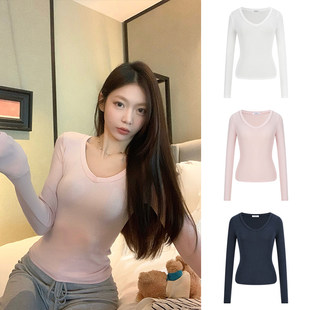 内搭打底衫 修身 上衣 t恤女春秋新款 MosesQueen魔西女王粉色v领长袖