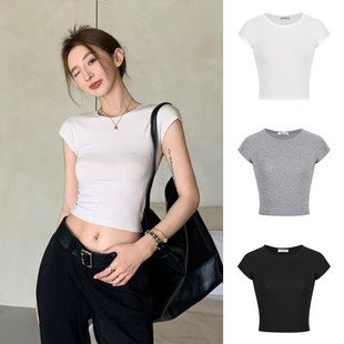 MosesQueen魔西女王白色露脐短款上衣小飞袖修身显瘦圆领短袖t恤