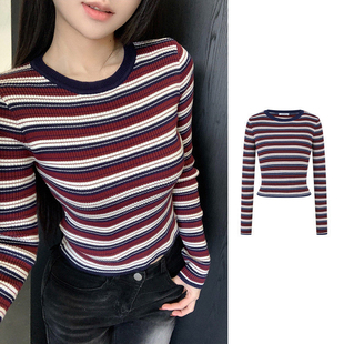 圆领上衣 显瘦短款 MosesQueen魔西女王复古条纹针织衫 内搭打底修身