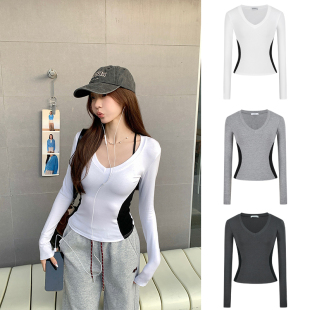 打底上衣 短款 MosesQueen魔西女王拼接撞色v领长袖 t恤春秋内搭修身