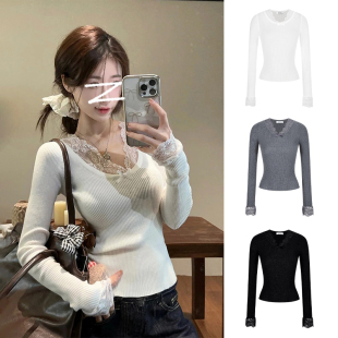 针织上衣 长袖 MosesQueen魔西女王白色拼接蕾丝打底衫 春秋内搭修身