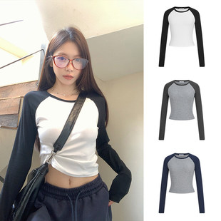 内搭打底衫 MosesQueen魔西女王撞色长袖 短款 修身 上衣 t恤女插肩袖