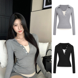 修身 新款 显瘦内搭翻领上衣 t恤春季 MosesQueen魔西女王假两件长袖