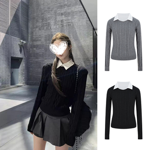 MosesQueen魔西女王假两件绞花黑色毛衣女秋冬内搭打底衫 针织上衣
