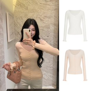 显瘦木耳边长袖 修身 上衣 春季 MosesQueen魔西女王粉色v领针织开衫