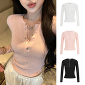 MosesQueen魔西女王粉色纯欲蕾丝v领针织衫 修身 显瘦内搭打底上衣