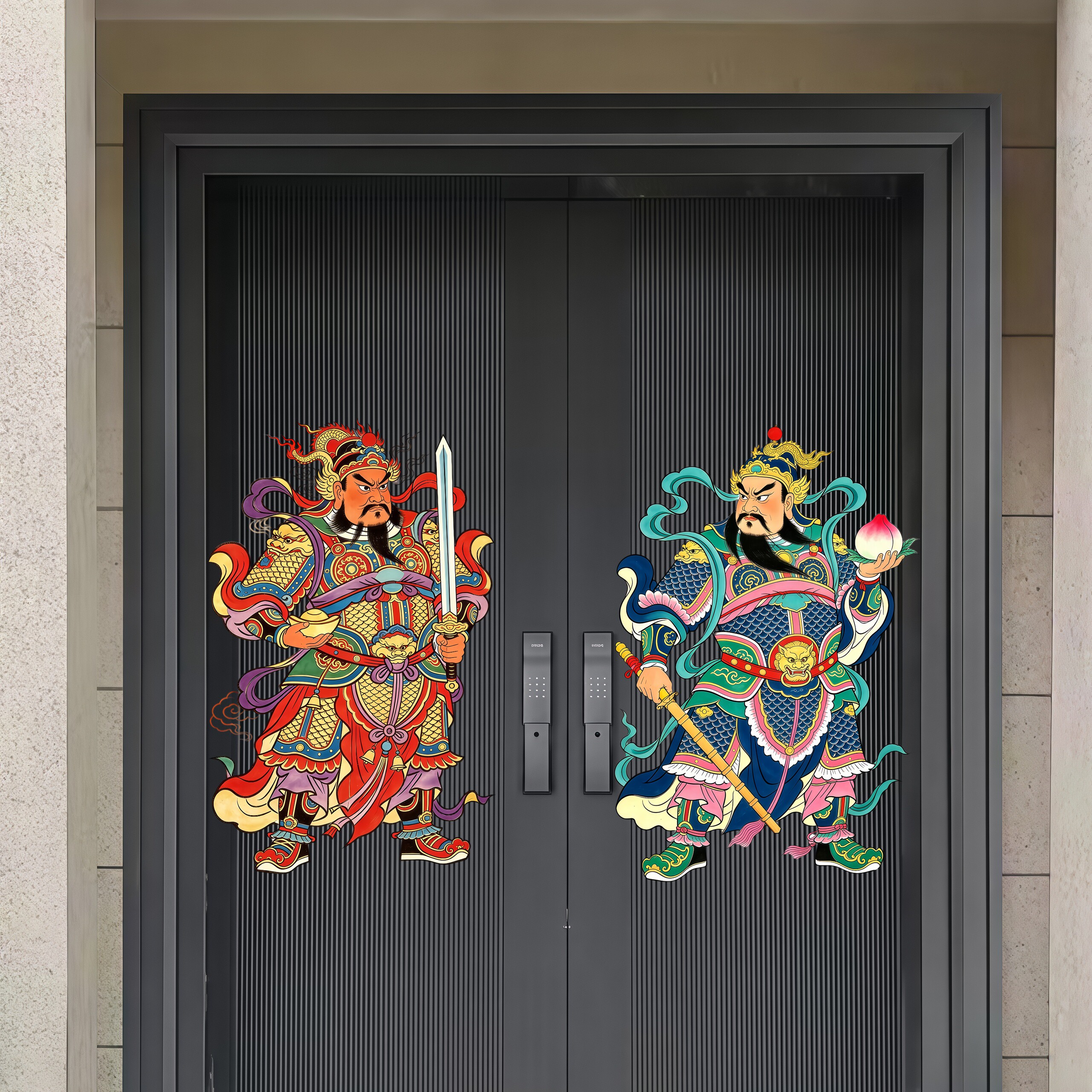 金甲祥云门神门贴背胶自粘防盗门中国风新居乔迁守护吉祥装饰贴画