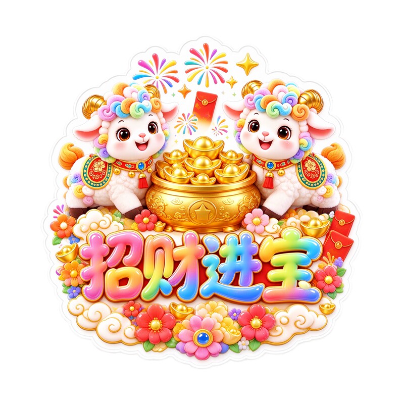 喜气洋洋彩虹墙贴卷毛小羊抱福灯笼烟花元宝新年喜庆防水装饰贴纸