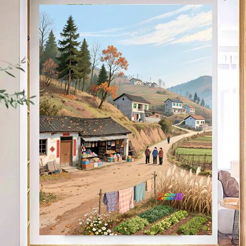 田园乡村怀旧复古插画玄关客厅走廊过道墙贴自粘装饰画乡村风景画