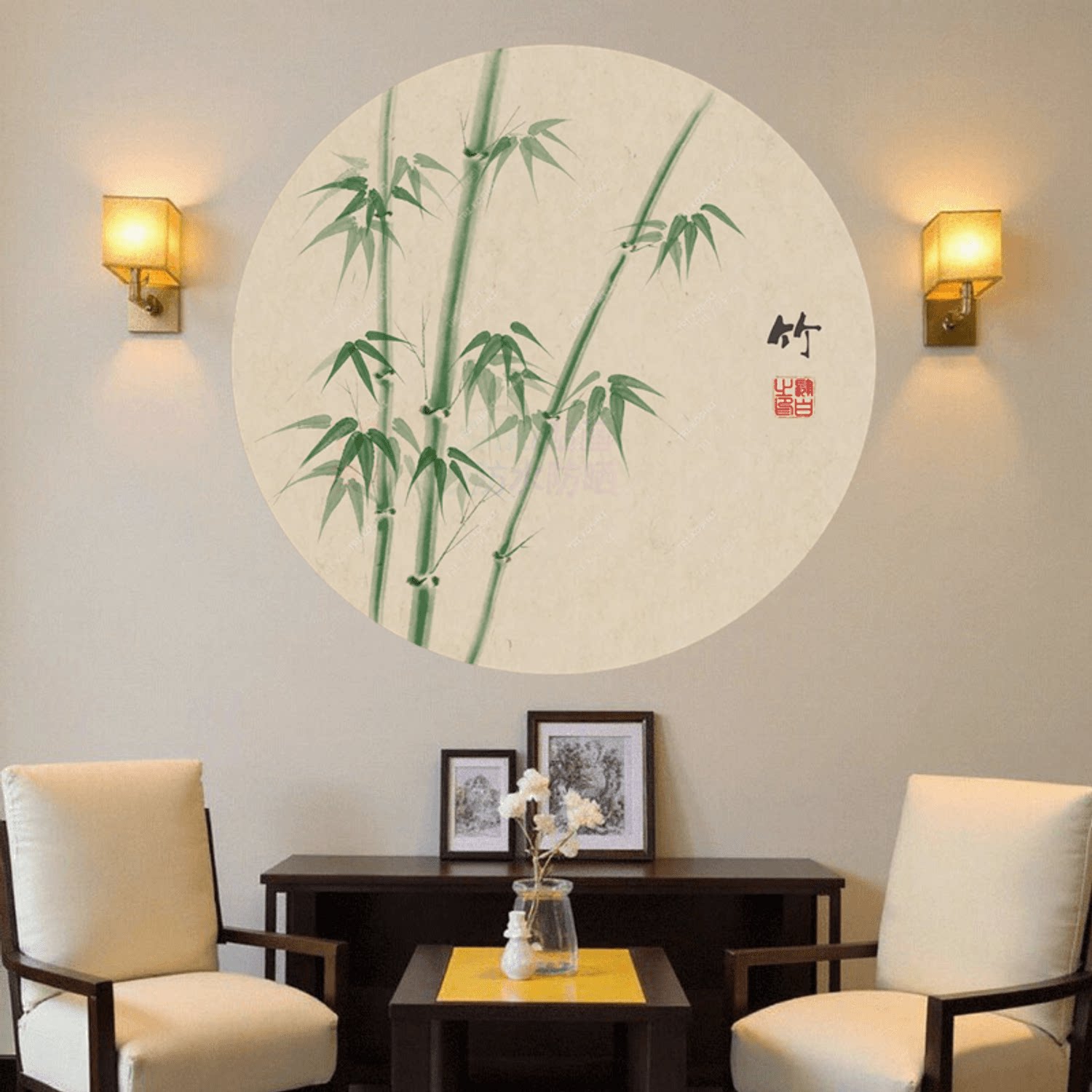 中式古风梅兰竹菊墙贴圆形贴画自粘四君子贴纸腊梅竹子墙面自粘贴