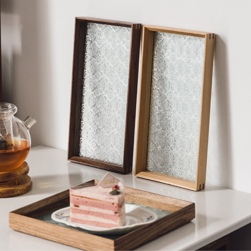 枝荫复古实e木托盘黑胡桃木茶盘海棠花玻璃点心果盘长方形创意摆