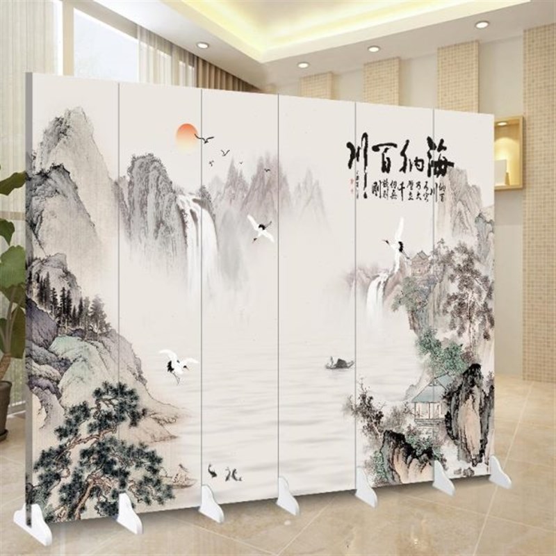 屏风客厅隔断帘折叠移动入户餐厅家用玄关办公室简易山水荷花双面