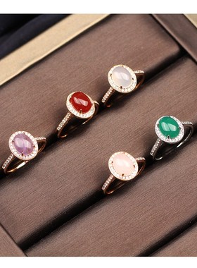 高贵椭圆玉髓人造宝石碧玉w戒指女冰种菠菜绿红玛瑙食指指环日韩