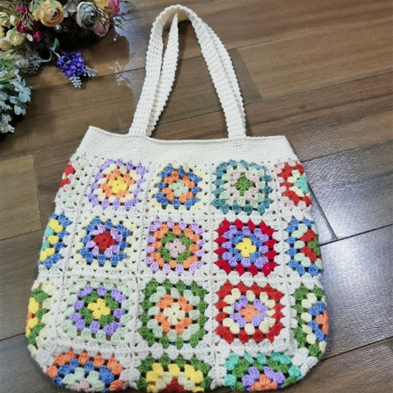 新品毛线钩花祖母格手工制作钩针彩色清新单肩包少女可爱秋冬