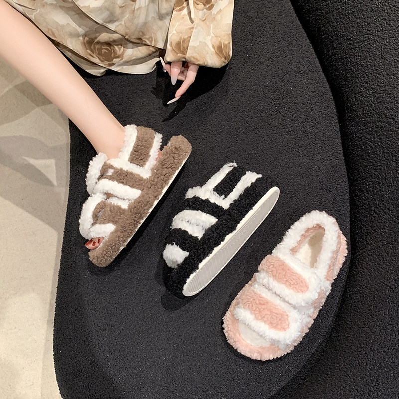 简约厚底毛绒拖鞋女外穿春秋四季室内居家用办公室V漏趾包跟棉拖
