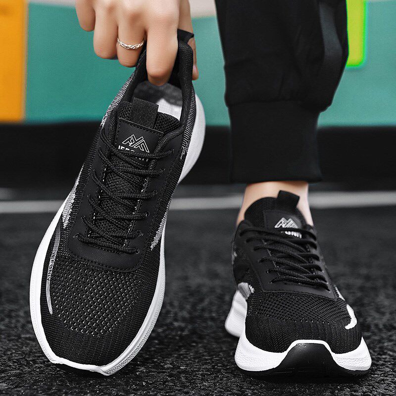 男鞋2025新款夏季飞织透气跑步运动鞋网面休闲轻便百搭黑色老爹鞋