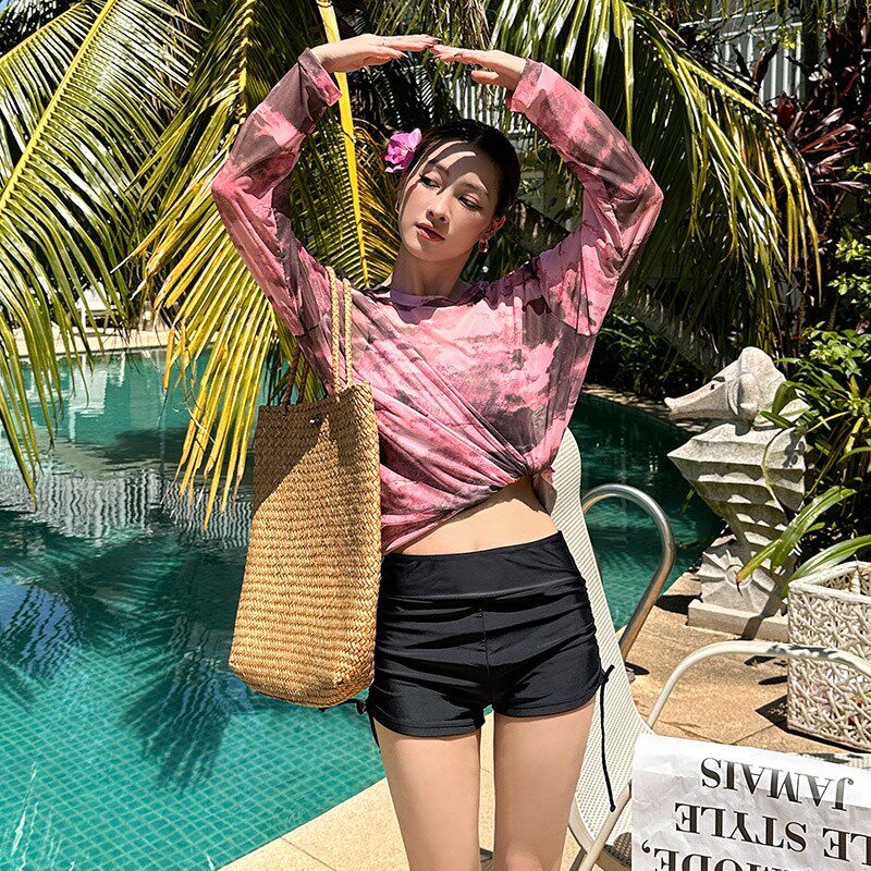 分体式泳衣海边度假三件套扎染长袖T恤大码微胖遮肉显瘦宽松外衫