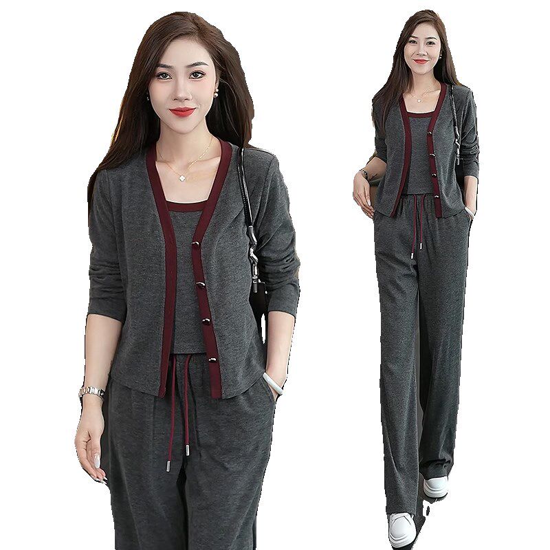 春秋时尚休闲套装女2025新款小个子韩版洋气减龄开衫阔腿裤三件套