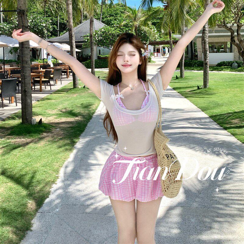 【少女的裙摆f】少女风可爱少女粉色花苞裙元气度假分体泳衣比基