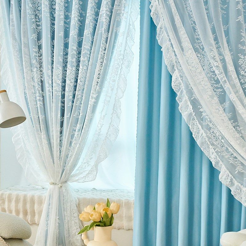 2024年流行魔术贴遮光窗帘新款免打孔安装自粘式女生卧室双层带纱