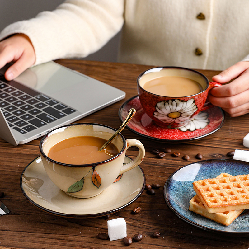 舍里复古窑变陶瓷拿铁拉花咖啡杯碟套装创意情侣杯马克杯子早餐杯