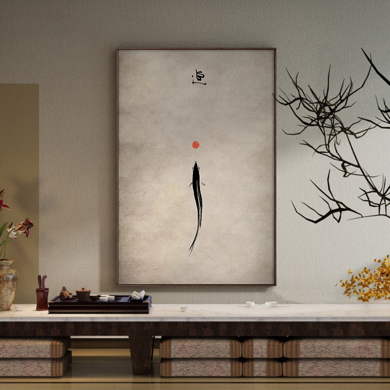 水墨游鱼新中式客厅装饰画中古侘寄风玄关茶室挂画酒店民宿壁画框图片