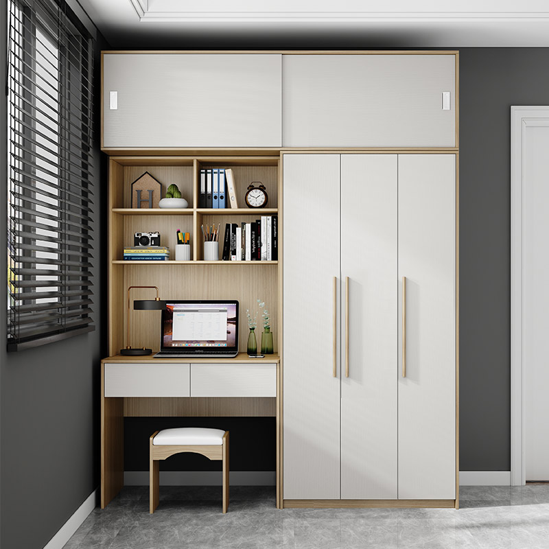 新中式儿童学习办公桌一体连身书桌柜电脑桌带衣柜加书柜书架组合