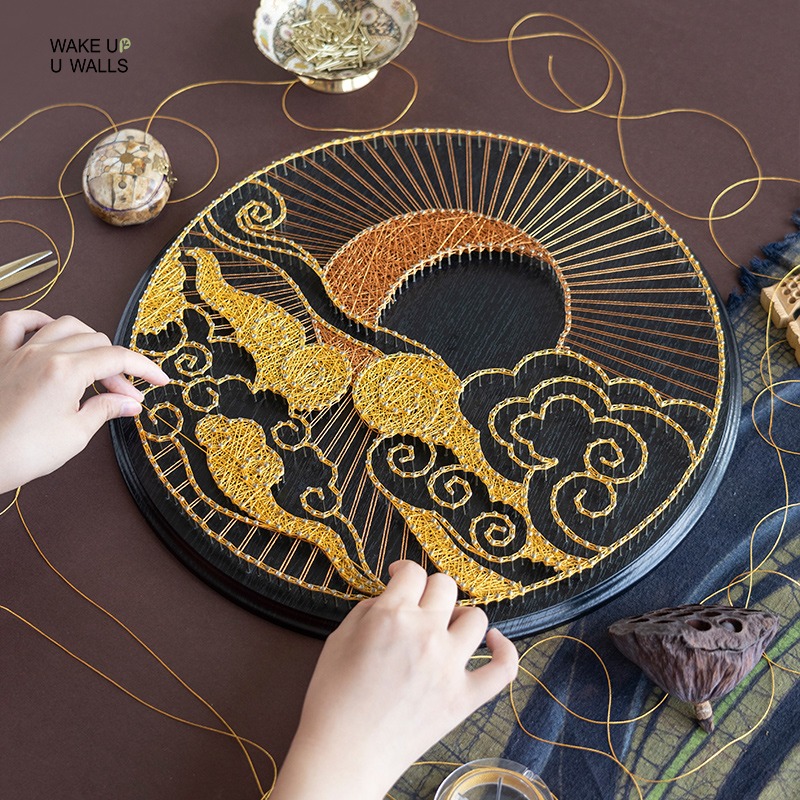 中式diyc手工制作弦丝画材料包创意礼物绕线钉子画太阳月亮装饰画
