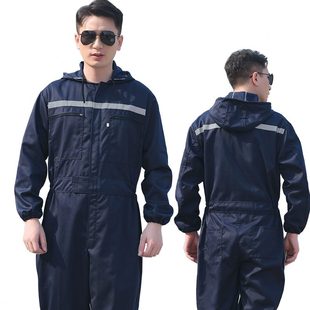 男纯棉防污劳保服全身防护夏季 连帽连体工作服套装 厂服柔软舒适