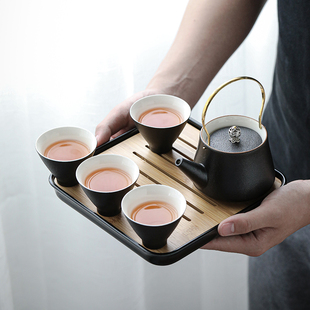日式 干泡茶盘茶海陶 复古黑陶提i梁壶功夫茶具套装 小套家用储水式